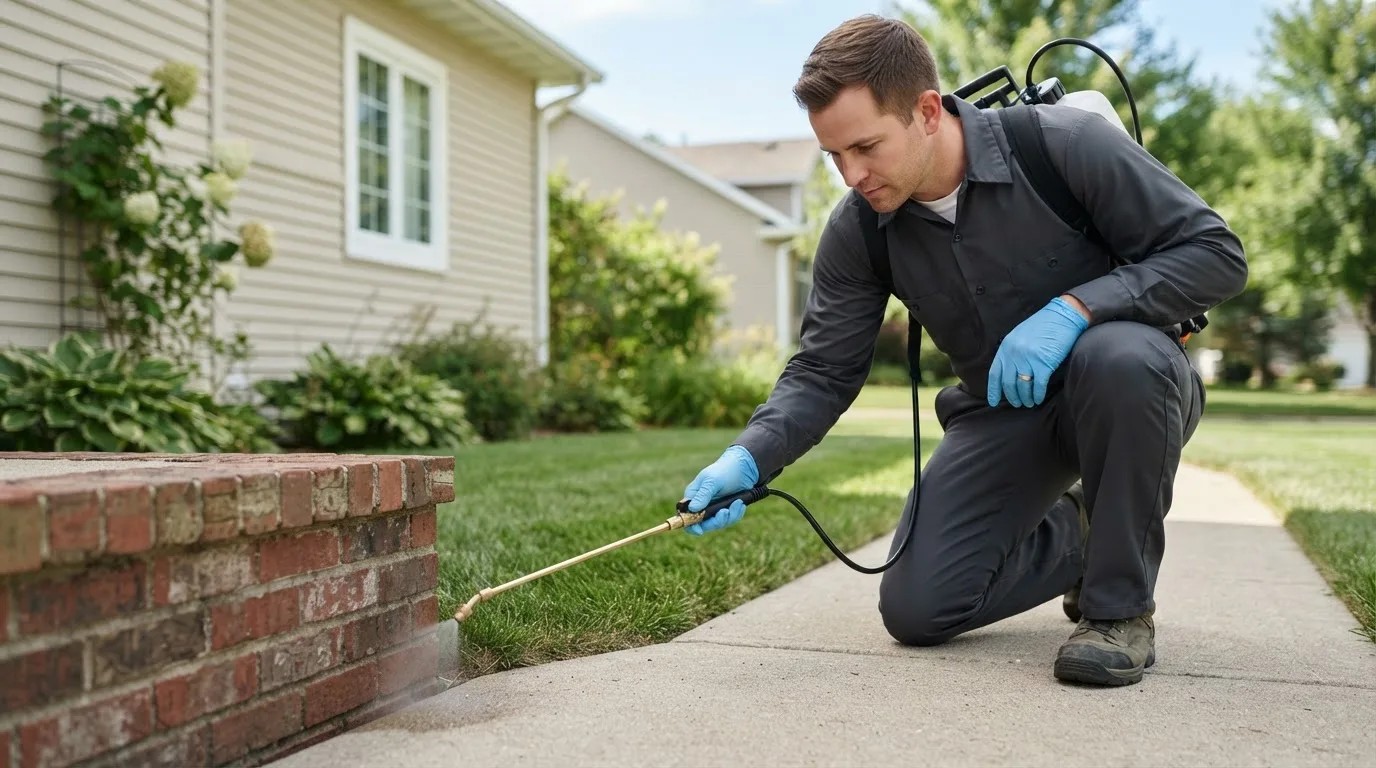 Pest control technician treating a home near Randolph, IA