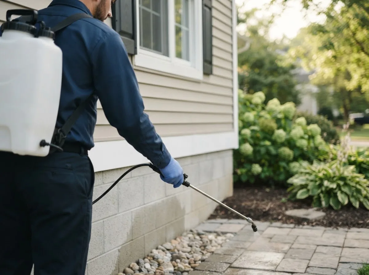 Pest control technician inspecting a home in Randolph, IA